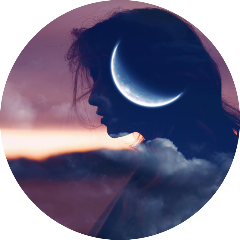 Double exposure image of a woman's profile against a sunset sky, with a glowing crescent moon replacing the space within her head. The image evokes a sense of mystery and inner peace.