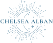 Logo for Chelsea Alban, astrological counselor. Features a crescent moon and stars inside a sunburst graphic in blue.