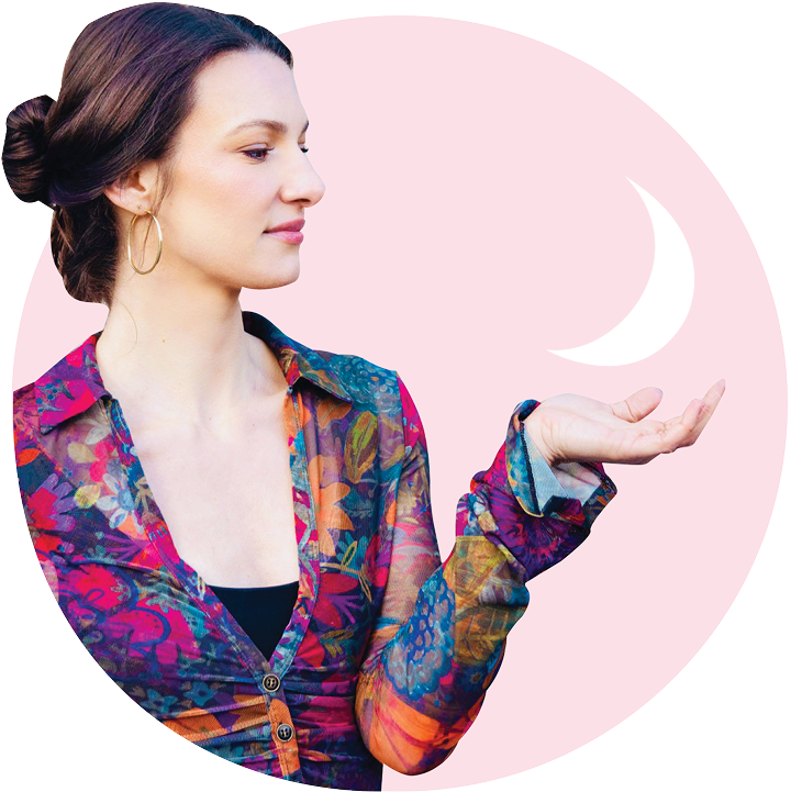 Profile view of Chelsea Alban, wearing a colorful floral shirt and gold hoop earrings. She holds out her hand towards a stylized white crescent moon on a pink background