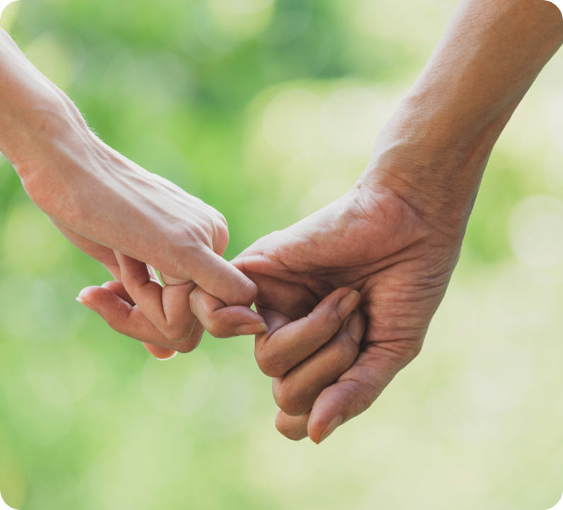 Hands holding, representing the supportive and transformative power of astrological counseling against a blurred green background